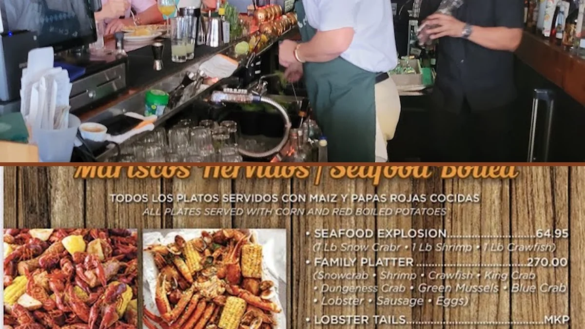 Seafood dishes on a casual restaurant table.