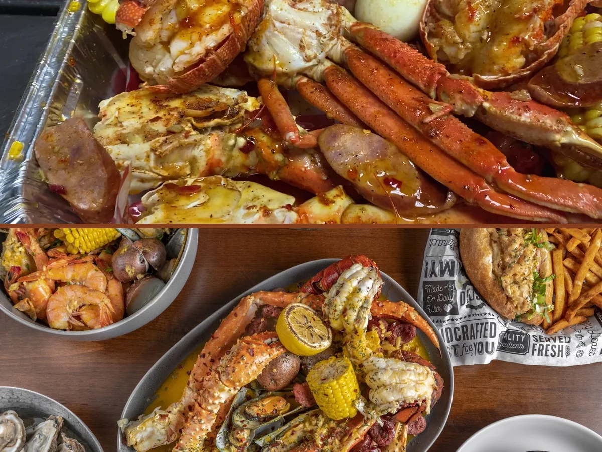 A simple spread of burgers and seafood.