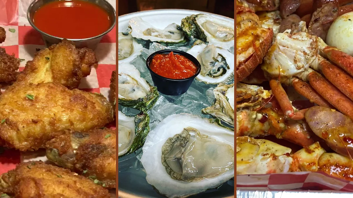 Seafood dishes on a casual restaurant table.
